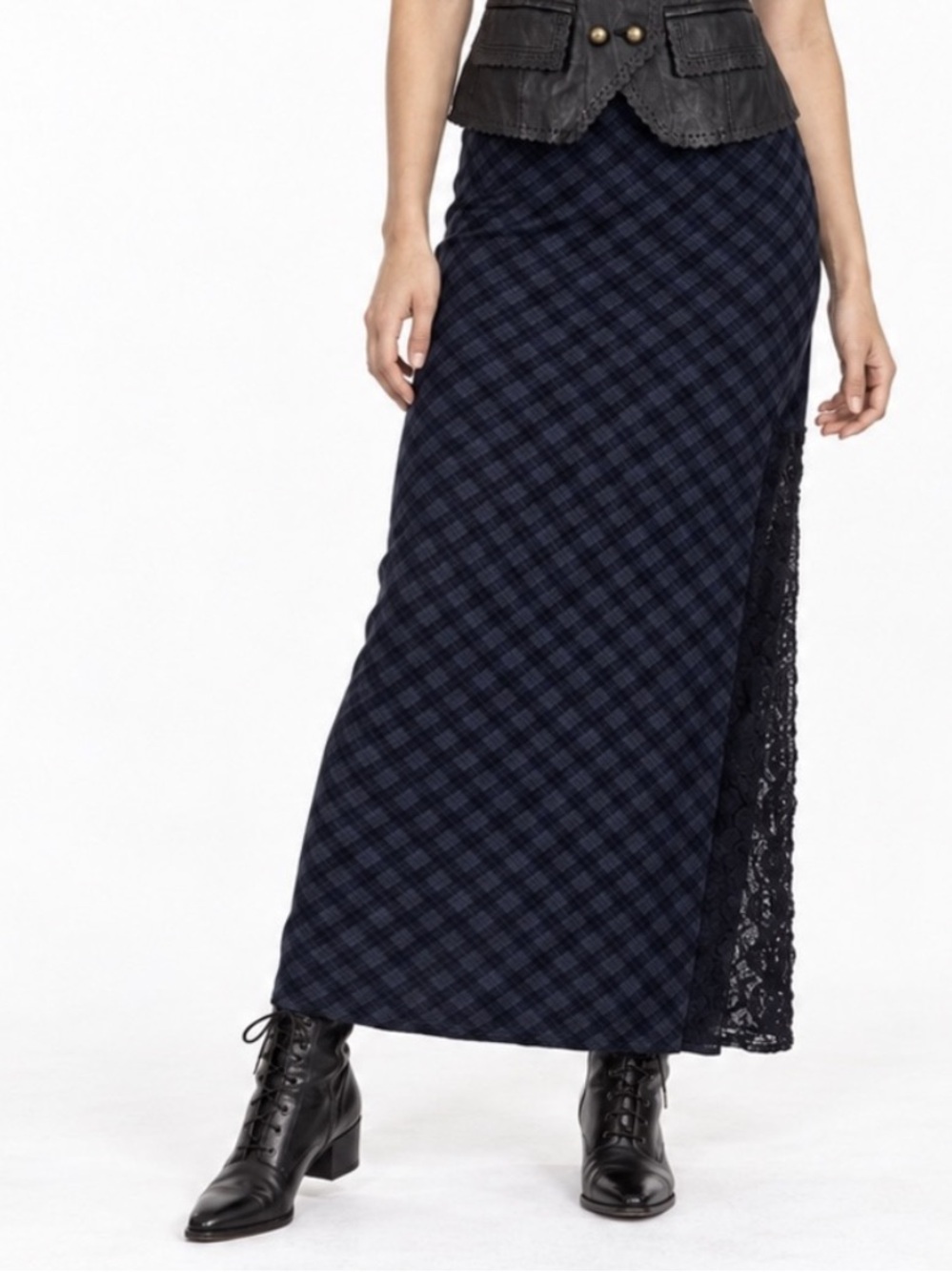 Vintage 90s Y2K Nevada Bluebell Plaid Ruched Lace Slit Maxi Skirt Large